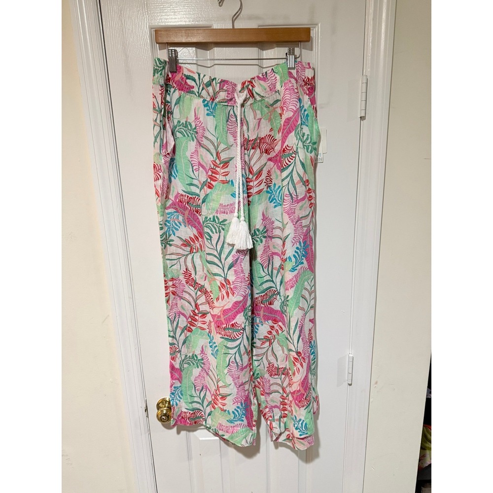NWT Cynthia Rowley 100% Linen Wide Leg Pants XL Tropical Floral Resort Wear